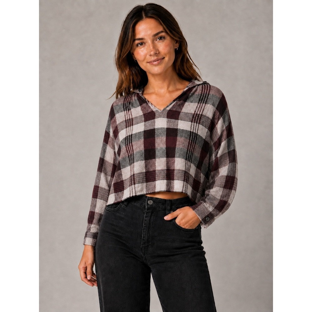 Madewell Highroad Schorr Plaid Popover Shirt Women L Burgundy Gray Wool Blend
